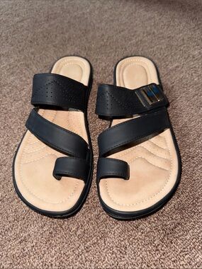 Black Strappy Slide Sandals with Beige Footbed